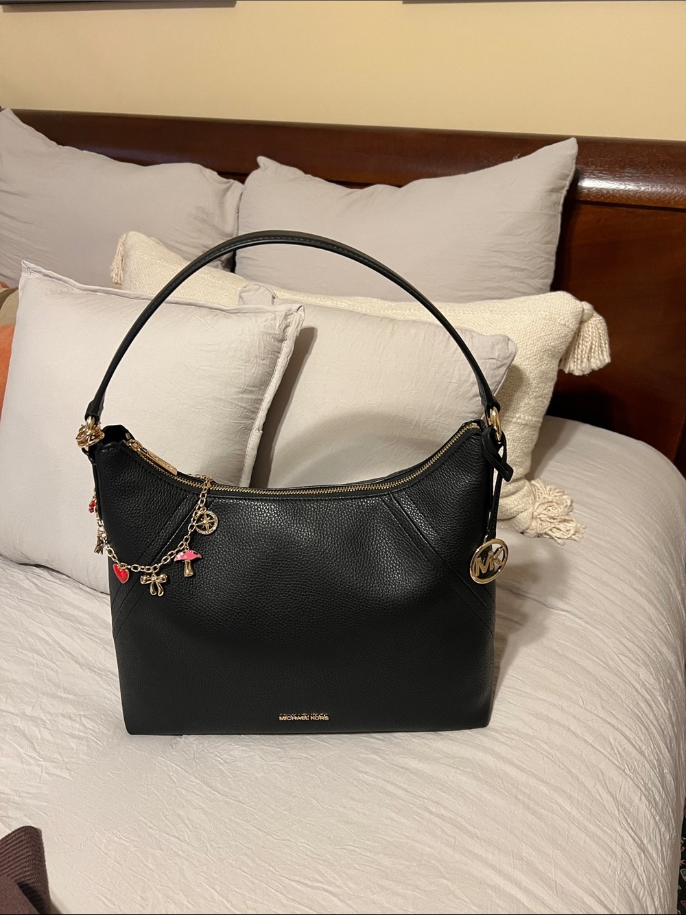 Michael Kors Black Pebbled Leather Shoulder Hobo with Charm Detail